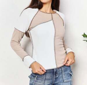Double Take Color Block Exposed Seam Ribbed Knit Top
